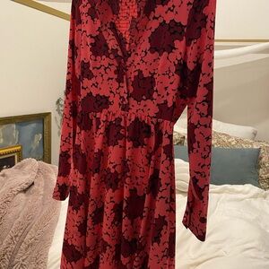 Red and Black Floral Long Sleeve Smock Dress